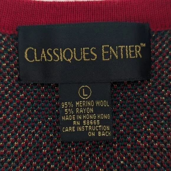 Vtg Classiques Entier Merino Wool Blend Cardigan Green Red Black Gold Button Lrg - Picture 2 of 12